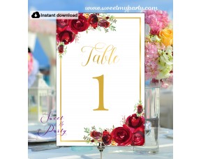 Red Roses Table Numbers printable template, (16w)